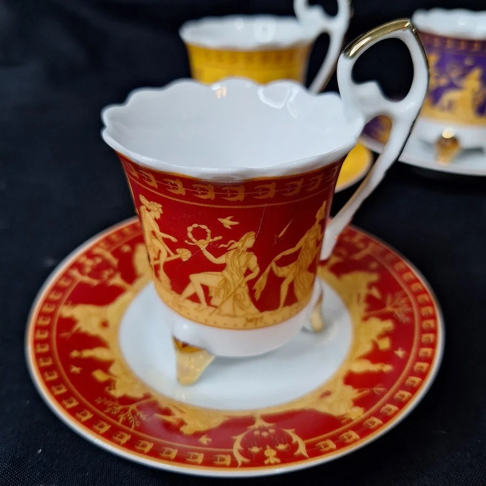 1940s Duca Di Bavaria Espresso Cup Saucer Set 4 Colors Greek Mythology Gold Trim